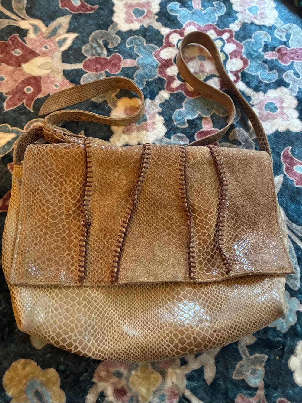 Vintage Tan Leather Snakeskin Bag EUC whipstitch